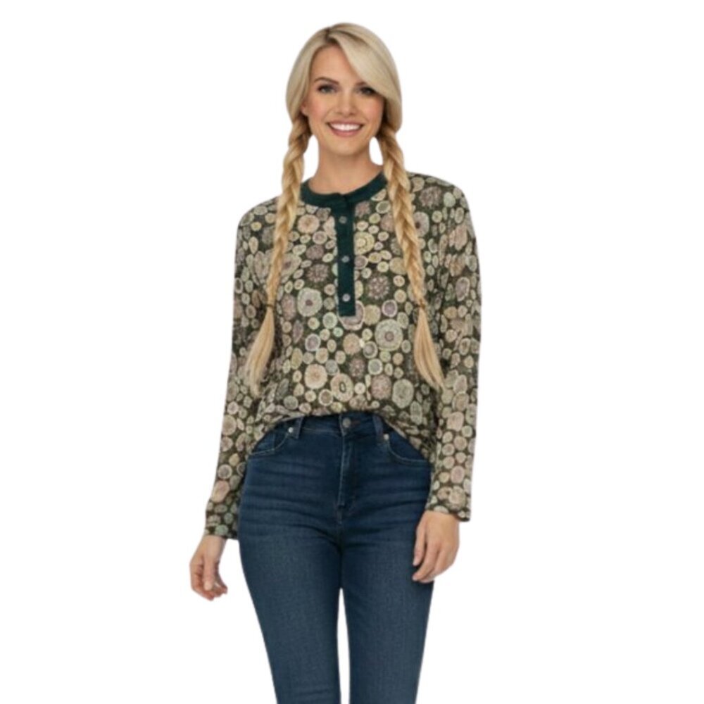 Blumin Apparel Boho Floral Sheer Button Top Tunic Blouse Long Sleeve Colorful